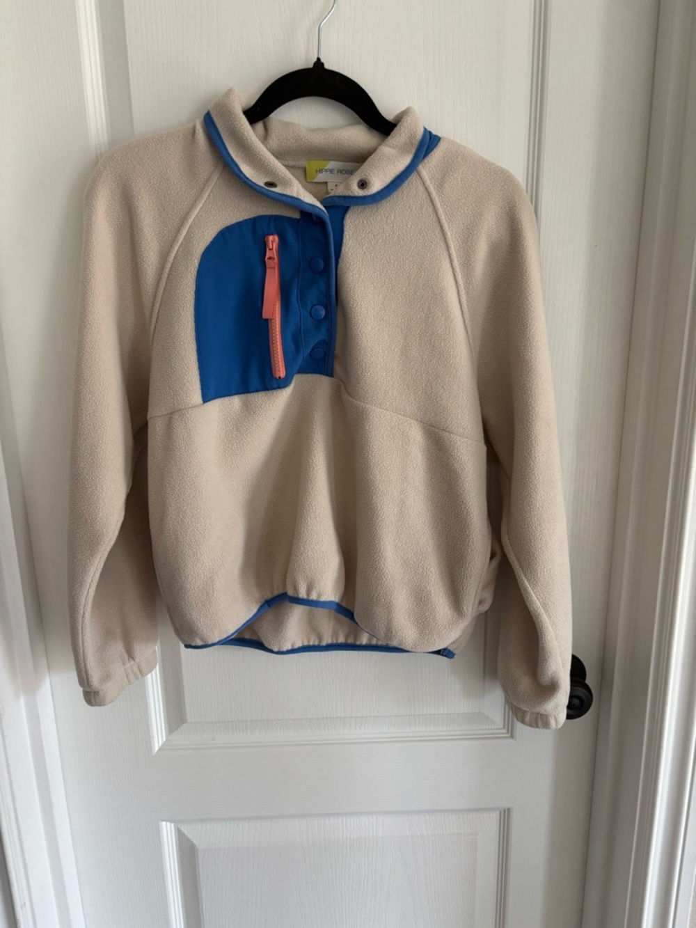 Hippie Rose Cream Fleece Pullover with Blue Accent and Coral Zipper